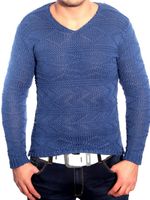 Moderner Herren Strick-Pullover V-Ausschnitt Slim Fit Strukturstrick-Sweater 3172 Blau