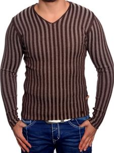 Moderner Herren Strick-Pullover mit Streifenmuster Slim Fit V-Ausschnitt Sweater 3174 Braun
