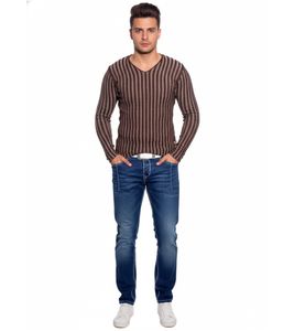 Moderner Herren Strick-Pullover mit Streifenmuster Slim Fit V-Ausschnitt Sweater 3174 Braun