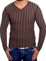 Moderner Herren Strick-Pullover mit Streifenmuster Slim Fit V-Ausschnitt Sweater 3174 Braun