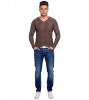 Maglione moderno da uomo in maglia con motivo a righe, vestibilità slim, scollo a V 3174 marrone