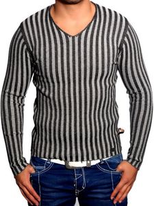 Moderner Herren Strick-Pullover mit Streifenmuster Slim Fit V-Ausschnitt Sweater 3174 Grau