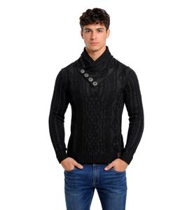 Stylischer Herren Strick-Pullover Zopfstrick-Muster Stehkragen-Sweater 3176 Schwarz