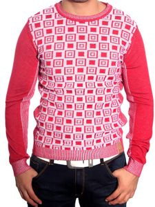Moderner Herren Strickpullover Karomuster Strukturstrick Rundhals-Sweater 3178 Rot