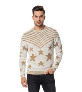 Fashionable men's crew neck sweater in "USA Stars & Stripes" design, knitted sweater 6263 Beige