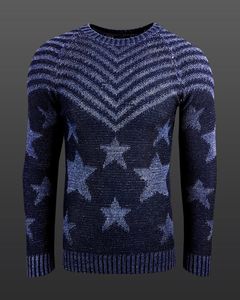 Modischer Herren Rundhals-Pullover im "USA Stars & Stripes"-Design Strick-Sweater 6263 Blau