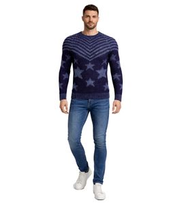Fashionable men's crew neck sweater in "USA Stars & Stripes" design, knitted sweater 6263 Blue