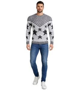 Fashionable men's crew neck sweater in "USA Stars & Stripes" design, knitted sweater 6263 Grey