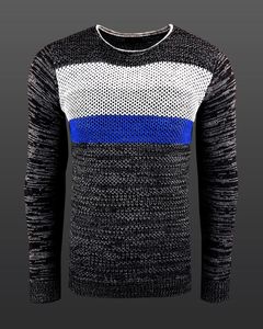 Moderner Herren Strickpullover im Colorblock Slim Fit Rundhals-Sweater 6272 Anthrazit/Grau/Blau