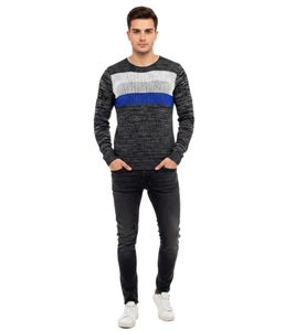 Moderner Herren Strickpullover im Colorblock Slim Fit Rundhals-Sweater 6272 Anthrazit/Grau/Blau