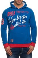 Casual men's hooded sweater with vintage print, kangaroo pocket, hoodie 6870, blue