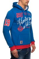 Casual men's hooded sweater with vintage print, kangaroo pocket, hoodie 6870, blue