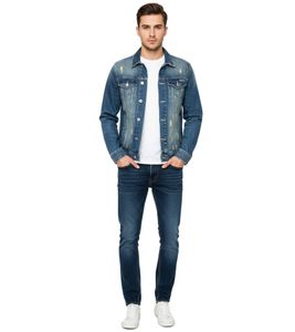 Stylische Herren Jeans-Jacke im Vintage-Look Used Waschung Kentkragen Denim-Jacke 8220 Vintage Blau