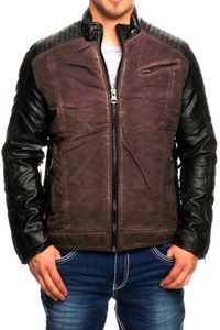 Modern men's biker jacket, washed look, faux leather sleeves, slim fit, transitional jacket, 8833 Bordeaux