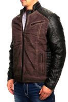 Modern men's biker jacket, washed look, faux leather sleeves, slim fit, transitional jacket, 8833 Bordeaux