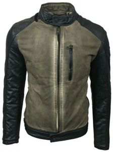 Urban men's biker jacket, washed look with faux leather sleeves, slim fit transitional jacket 8835 Beige