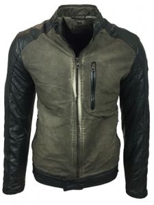 Urban men's biker jacket, washed look with faux leather sleeves, slim fit, transitional jacket 8835 Khaki