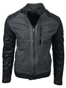 Urban men's biker jacket, washed look with faux leather sleeves, slim fit transitional jacket 8835 Black