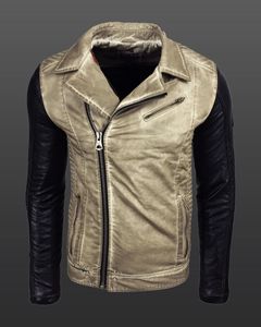 Lässige Herren Biker-Jacke Washed Design mit Kunstleder Ärmeln Slim Fit Übergangs-Jacke 8837 Beige