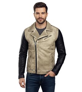 Casual men's biker jacket, washed design with faux leather sleeves, slim fit transitional jacket 8837 Beige