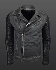 Lässige Herren Biker-Jacke Washed Design mit Kunstleder Ärmeln Slim Fit Übergangs-Jacke 8837 Schwarz