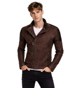 Trendige Herren Biker-Jacke Washed Look mit Kunstleder Ärmeln Slim Fit Übergangs-Jacke 8840 Braun