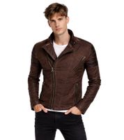 Trendige Herren Biker-Jacke Washed Look mit Kunstleder Ärmeln Slim Fit Übergangs-Jacke 8840 Braun