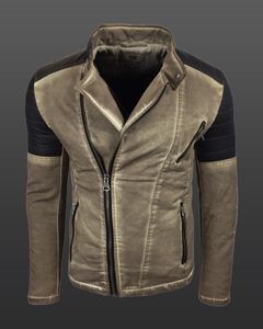 Trendige Herren Biker-Jacke Washed Look mit Kunstleder Ärmeln Slim Fit Übergangs-Jacke 8840 Camel