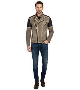 Trendy men's biker jacket, washed look with faux leather sleeves, slim fit transitional jacket 8840 Camel