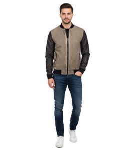 Sportliche Herren College-Jacke Washed Look mit Kunstleder Ärmeln Slim Fit Übergangs-Jacke 8842 Beige