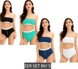 2er Set Damen Bandeau-BH trägerloser BH aus Bio-Baumwolle ohne Bügel Schwarz/Türkis oder Dunkelblau/Weiß