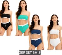 2er Set Damen Bandeau-BH trägerloser BH aus Bio-Baumwolle ohne Bügel Schwarz/Türkis oder Dunkelblau/Weiß
