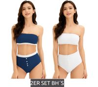 2er Set Damen Bandeau-BH trägerloser BH aus Bio-Baumwolle ohne Bügel Schwarz/Türkis oder Dunkelblau/Weiß