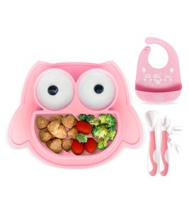 Juego de 3 platos de silicona antideslizantes Brunoko para bebé + cuchara + babero con bandeja recolectora de silicona, sin BPA, rosa