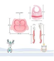 Juego de 3 platos de silicona antideslizantes Brunoko para bebé + cuchara + babero con bandeja recolectora de silicona, sin BPA, rosa
