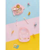 Juego de 3 platos de silicona antideslizantes Brunoko para bebé + cuchara + babero con bandeja recolectora de silicona, sin BPA, rosa
