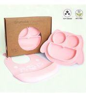 Plato de silicona antideslizante Brunoko para bebé, juego 2 en 1 con babero y bandeja recolectora, sin BPA, rosa