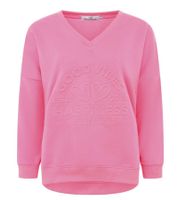 bequemer ZWILLINGSHERZ Pullover Damen Sweat-Pullover GOOD VIBES HAPPINESS mit V-Ausschnitt 46080-4 Neonpink