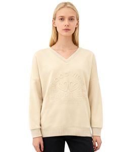 bequemer ZWILLINGSHERZ Pullover Damen Sweat-Pullover GOOD VIBES HAPPINESS mit V-Ausschnitt 46080-29 Beige