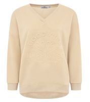 bequemer ZWILLINGSHERZ Pullover Damen Sweat-Pullover GOOD VIBES HAPPINESS mit V-Ausschnitt 46080-29 Beige