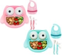 Assiette bébé antidérapante en silicone Brunoko, ensemble 3 en 1 comprenant : assiette, cuillère et bavoir avec rebord en silicone, sans BPA, rose ou vert menthe