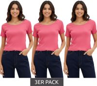 3er Sparpack enganliegendes Damen T-Shirt kurzärmliges Sommershirt aus Bio-Baumwolle 928790 Pink