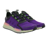 Sporty adidas NMD_V3 sneakers: sustainable running shoes for men and women with BOOST cushioning in orange/black, purple/black/green, or yellow/black