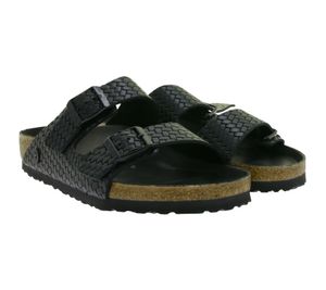 komfortable BIRKENSTOCK Arizona Woven Damen Echtleder-Pantoletten Made in Germany Sommer-Latschen normale Breite 1029133 Schwarz