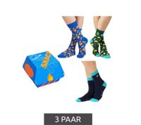3 Pairs of Happy Socks Junk Food Women's Cotton Socks with Food Motifs Everyday Socks in Gift Box XJUN08-0100 Blue/Green/Multicolor