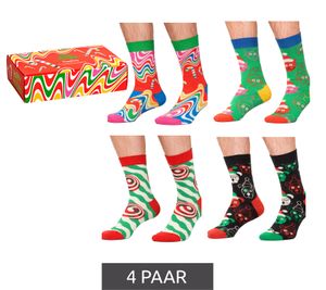 4 Paar Happy Socks Psychedelic Candy Cane Herren Baumwoll-Socken mit weihnachtlichem-Print Alltags-Strümpfe in Geschenk-Box XSAN09-0100 Bunt