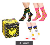 3 Paar Happy Socks Collector's Edition Unisex Baumwoll-Socken Sparpack mit Smiley-Print Alltags-Strümpfe in Geschenk-Box XATSMI08-9300 Bunt