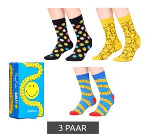 3 Paar Happy Socks Unisex Baumwoll-Socken Sparpack mit Smiley-Print Alltags-Strümpfe in Geschenk-Box XSMY08-6700 Gelb/Schwarz/Blau