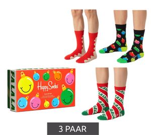 3 Paar Happy Socks Time for Holiday Herren Baumwoll-Socken mit weihnachtlichem-Print Sparpack Alltags-Strümpfe in Geschenk-Box XTFH08-4300 Rot/Schwarz
