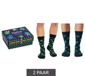 2 Paar Happy Socks St Patricks Herren Baumwoll-Sockenmit Glückssymbolen im St. Patrick’s Day Stil Alltags-Strümpfe in Geschenk-Box XSPD02-7300 Schwarz/Blau